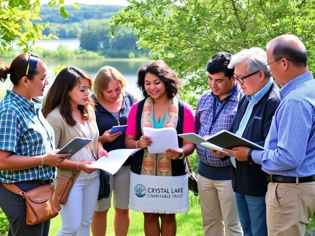 A picture of local business owners and Crystal Lake Charitable Trust representatives collaborating on a sustainable development project, showcasing their partnership and commitment to environmental stewardship.