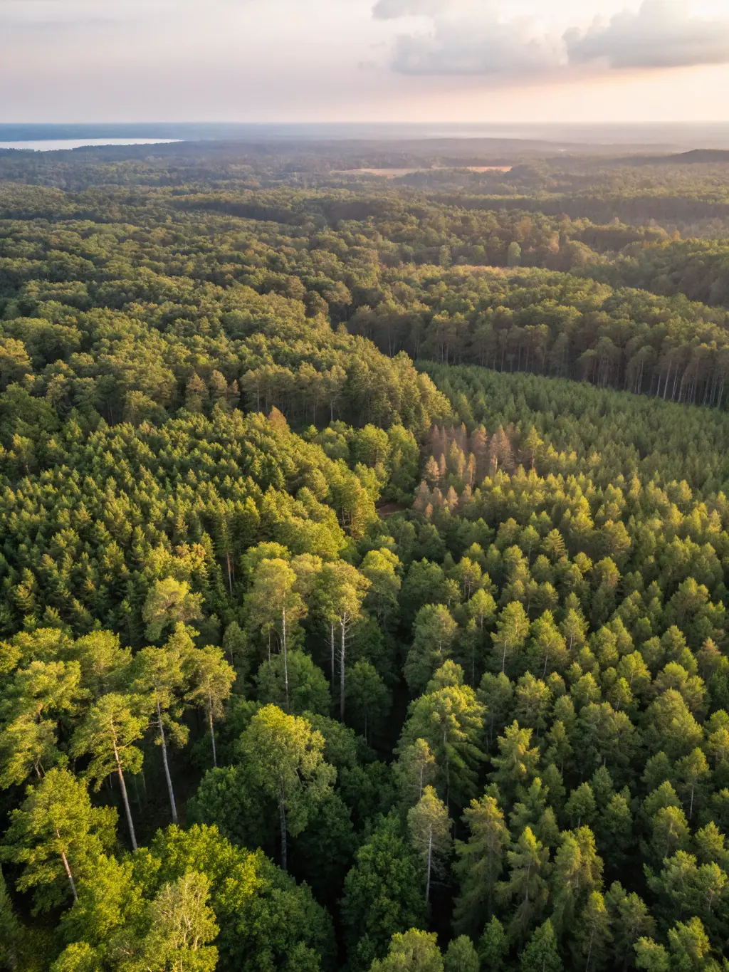 A drone shot of a reforested area, showcasing the growth of native trees and the expansion of forest cover.
