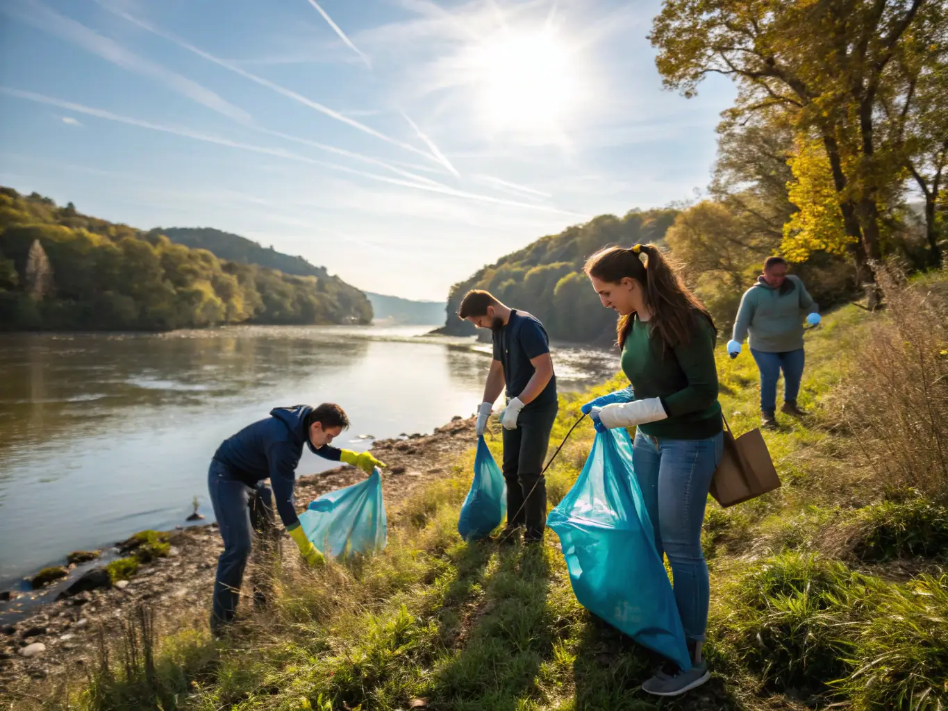 A group of diverse volunteers participating in a Crystal Lake cleanup event, collecting trash and debris along the shoreline. The image should convey a sense of teamwork and environmental responsibility.