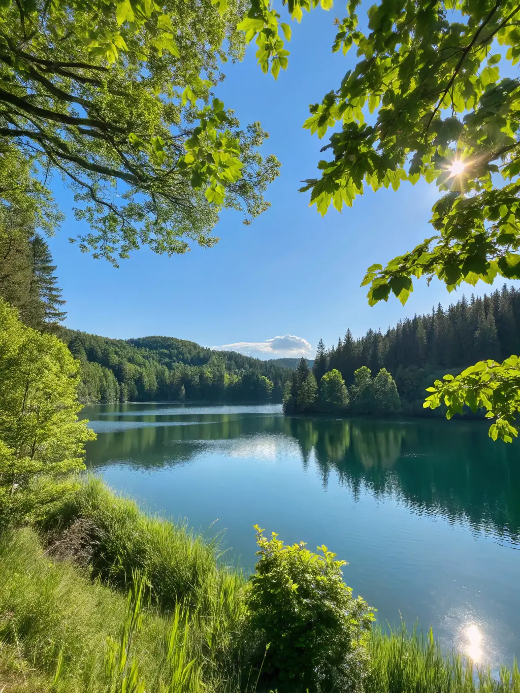 A clear, blue Crystal Lake with lush green trees surrounding it, showcasing the natural beauty the Trust aims to protect.