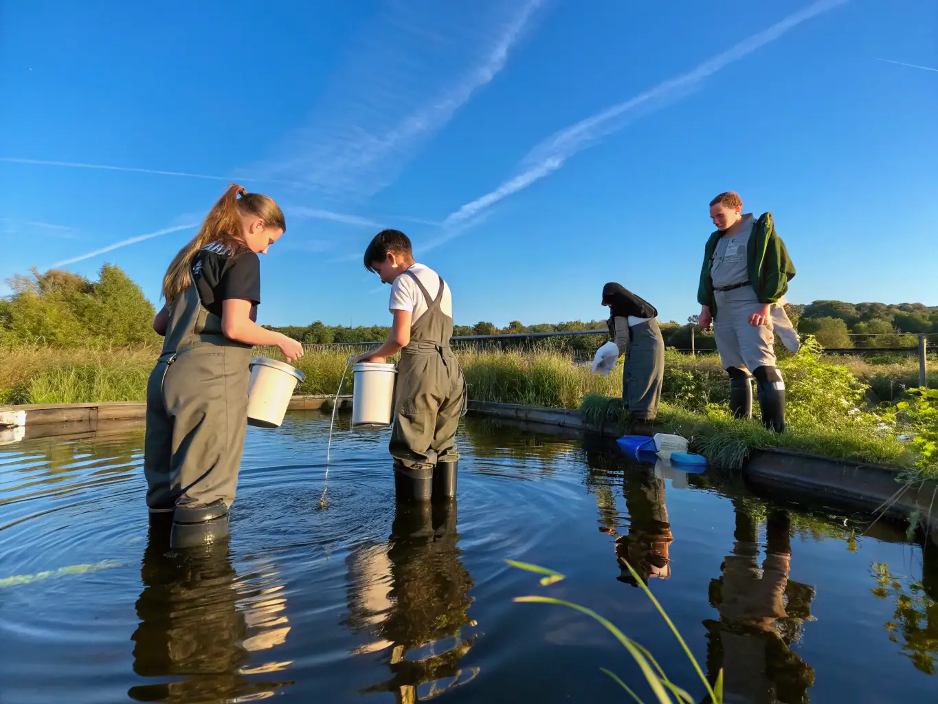 A photo of students participating in a water quality monitoring workshop at Crystal Lake, learning about the importance of clean water and how to test water samples.