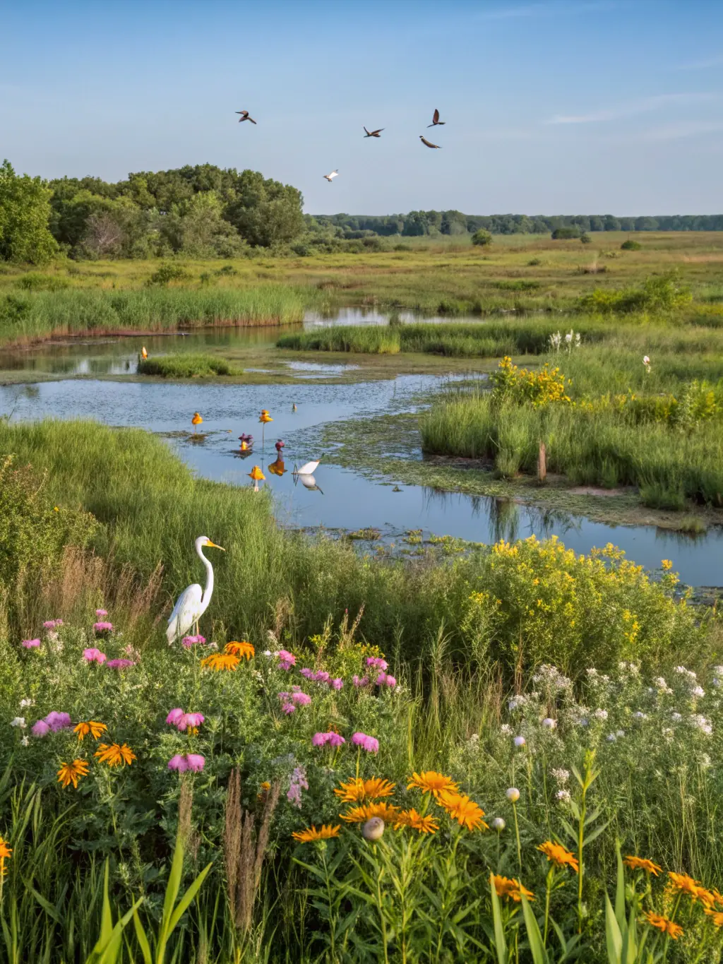 A photograph capturing the successful restoration of a wetland area, showcasing thriving plant life and diverse wildlife.