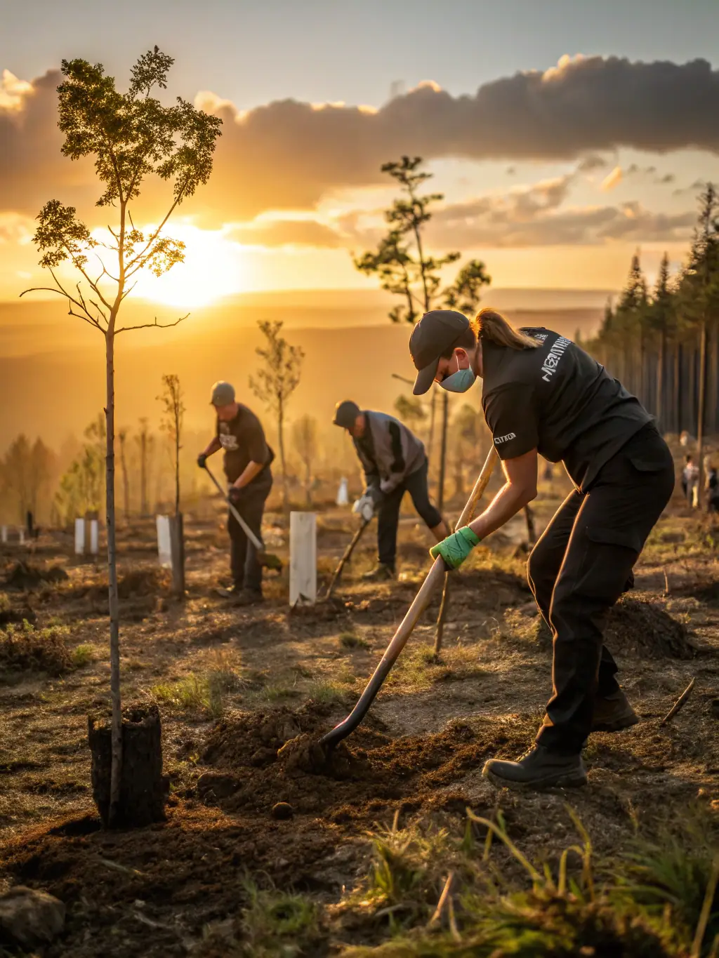 A vibrant photograph capturing volunteers planting trees along the Crystal Lake shoreline, showcasing the Trust's reforestation efforts.
