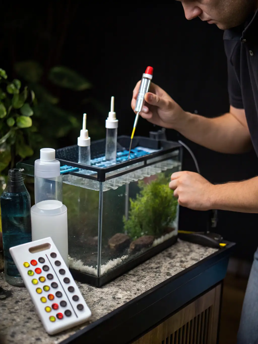 A close-up shot of a water testing kit being used to assess the water quality of Crystal Lake, emphasizing the Trust's commitment to monitoring and improving water health.